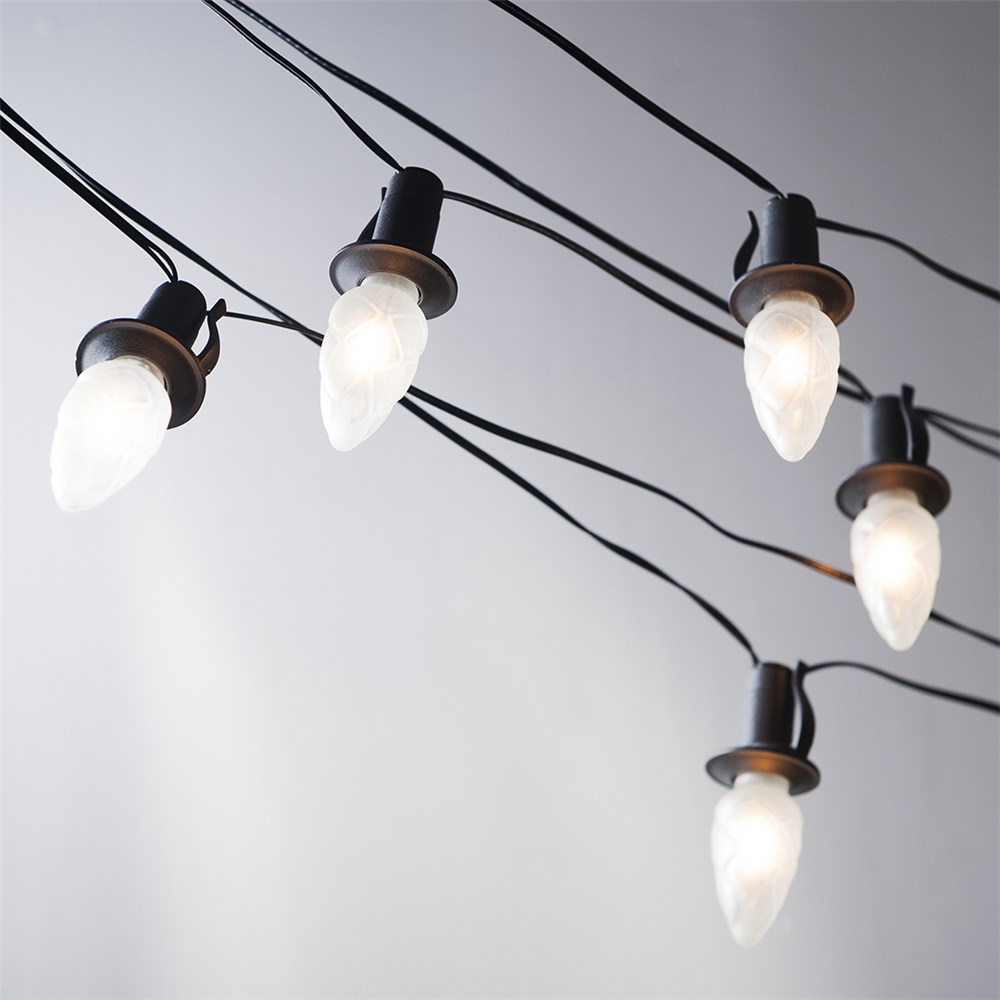 Vonkajšia ledková spájateľná reťaz ŠIŠKA FILAMENT biela 20xLED/20V/0,2W, 14m, čierna kabeláž+transformátor