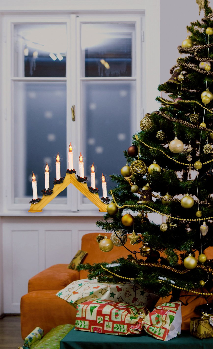 Svietnik pyramída drevený hnedý s červenými plameňovými žiarovkami 7ks