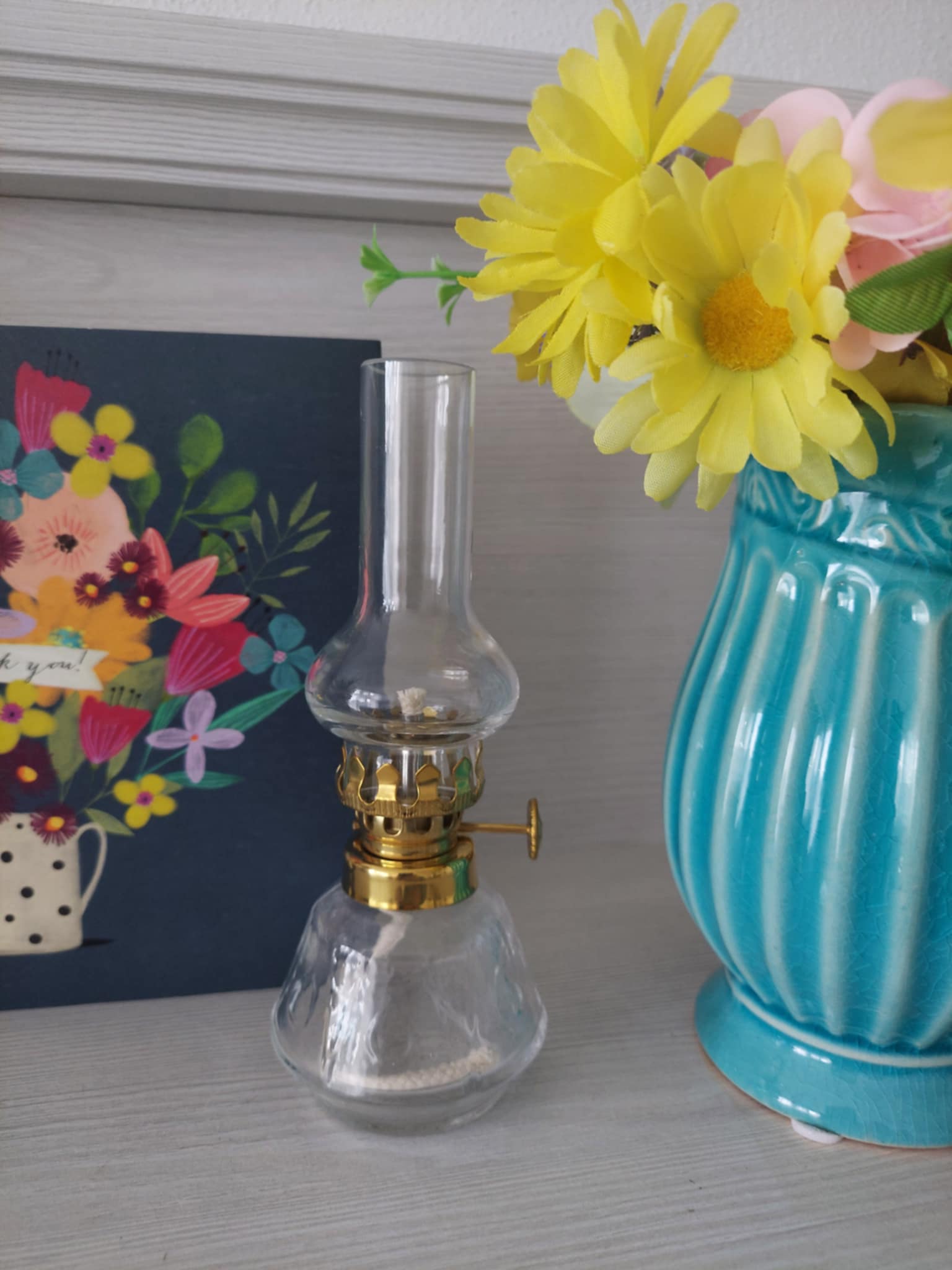 Petrolejová lampa mosadz/číra malá výška: 14cm