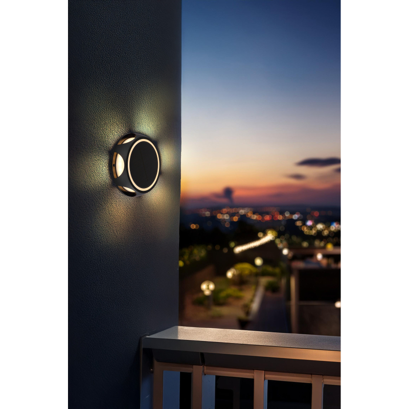 Solárne svietidlo okrúhle čierne na stenu/do zeme LED 1,2W/3,7V/3000K IP65