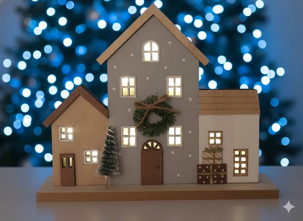 Drevená dekorácia svietiace domčeky LED teplá biela, na batériu, 19x24x9cm 