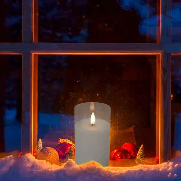 Vosková LED sviečka v čírom skle 1x led teplá biela blikajúca, na batérie, výška: 12,5cm