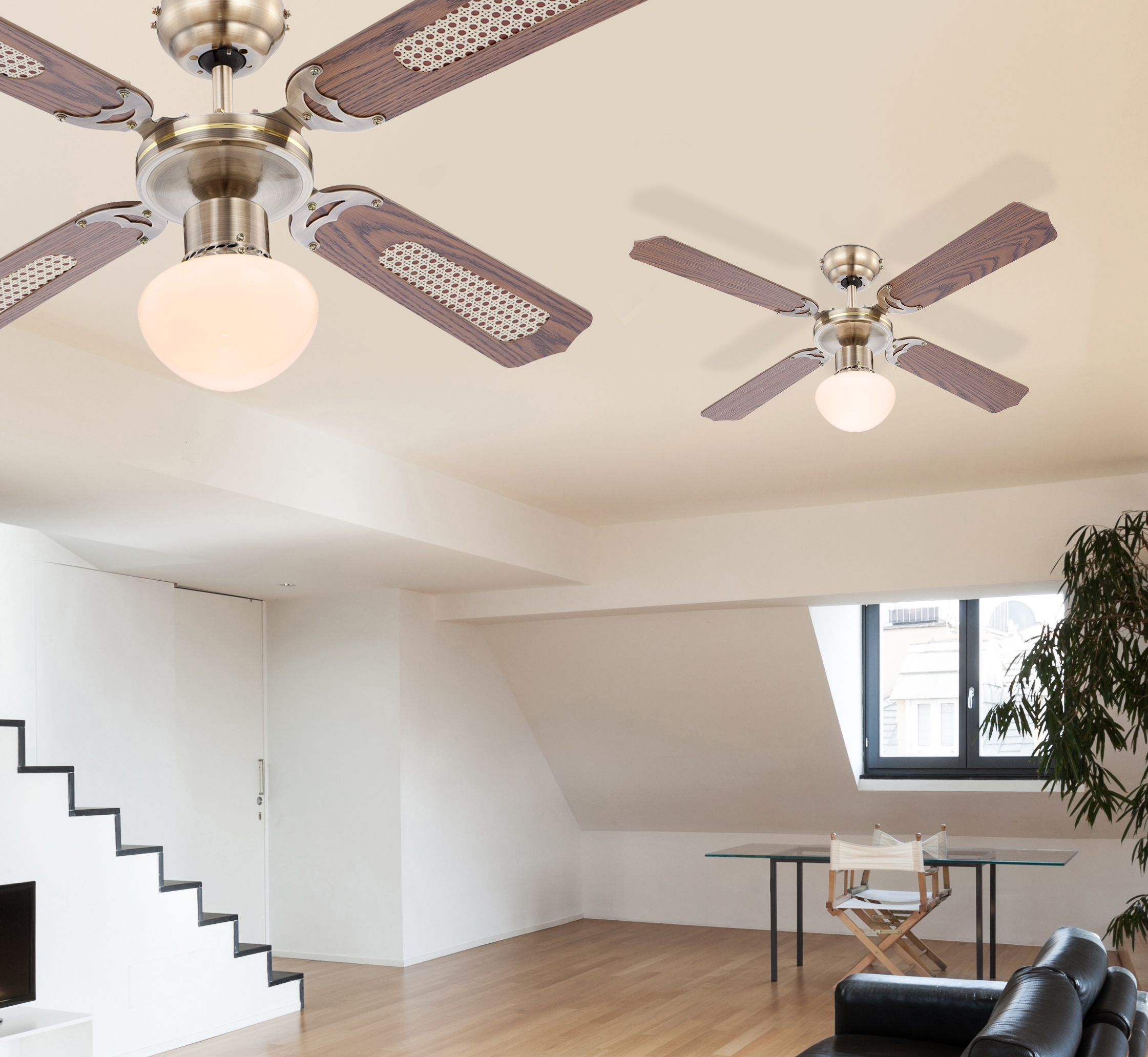 CHAMPION stropný ventilátor so svetlom 1xE27/60W, antická mosadz/dub