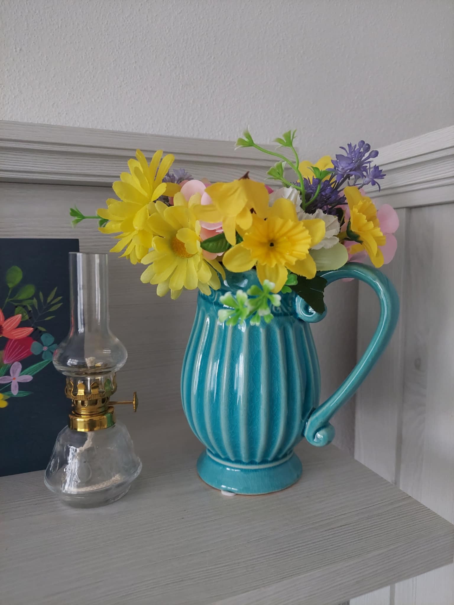 Petrolejová lampa mosadz/číra malá výška: 14cm