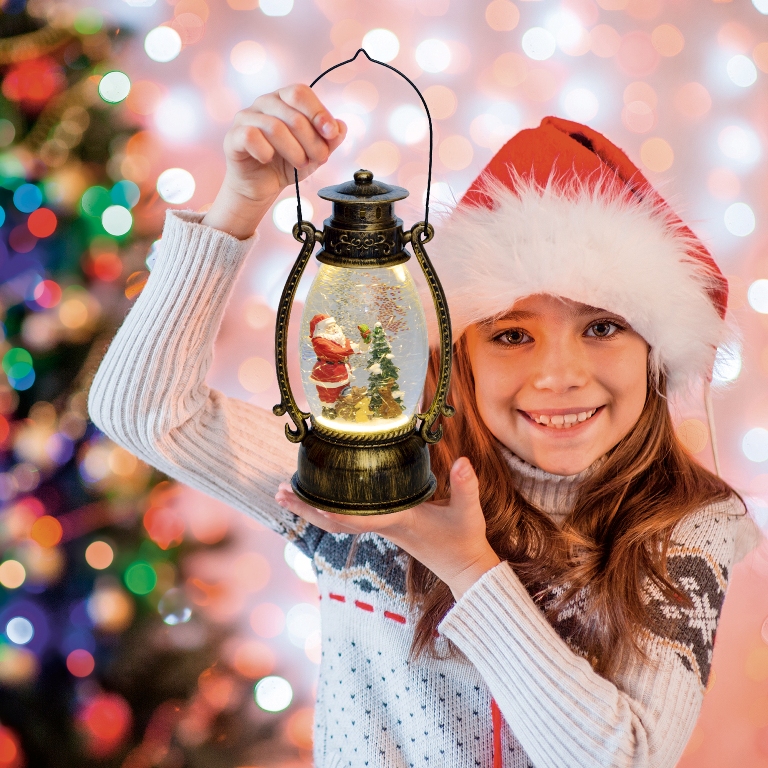 Svietiaci plastový lampáš s mikulášom so snežítkom a trblietkami 1xLED teplá biela na batérie, výška: 26cm
