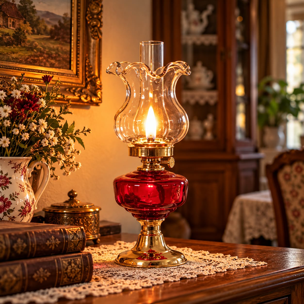 Petrolejová lampa mosadz/červená výška: 27cm