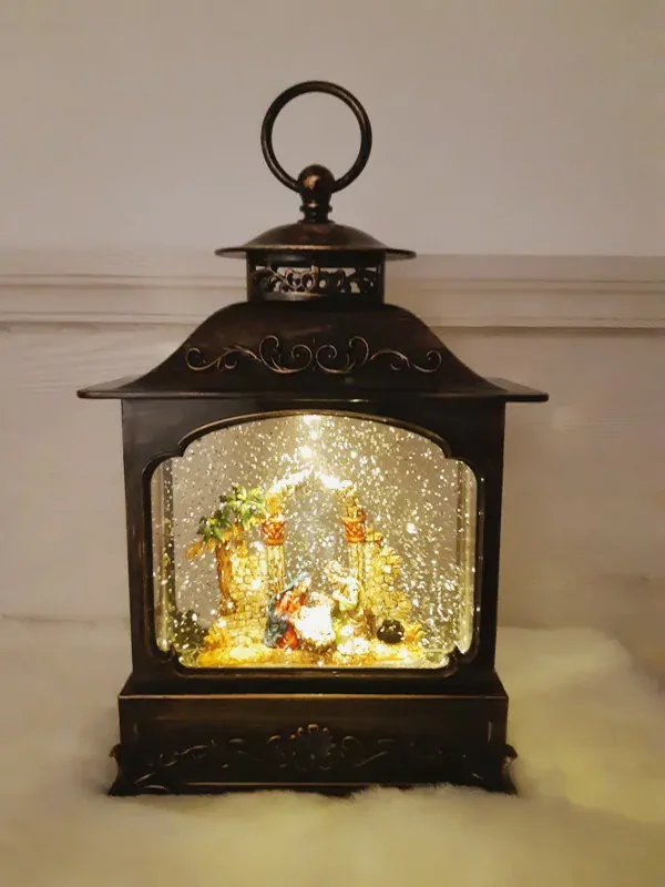 Svietiaci lampáš s BETLEHEMOM s efektom sneženia a hudbou, 1xLED teplá biela