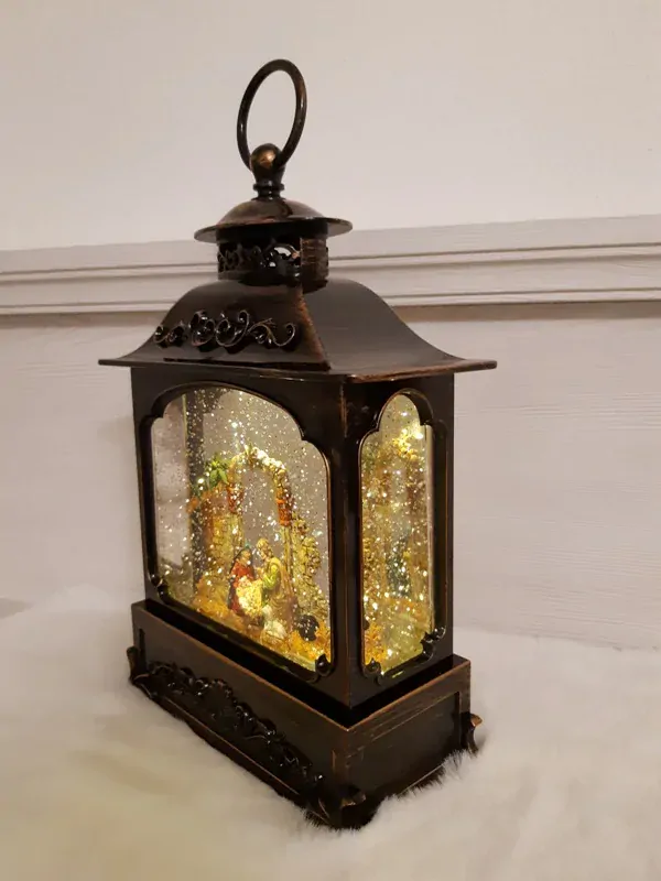 Svietiaci lampáš s BETLEHEMOM s efektom sneženia a hudbou, 1xLED teplá biela