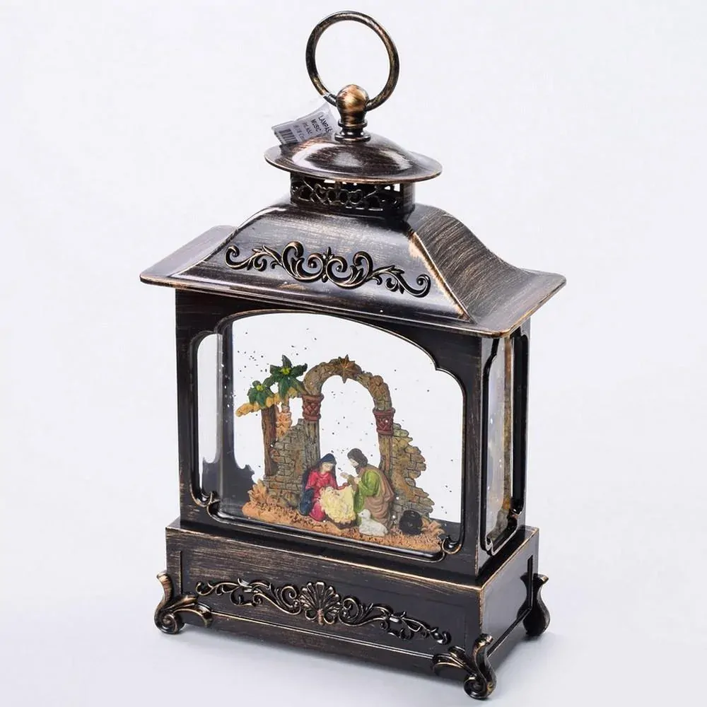 Svietiaci lampáš s BETLEHEMOM s efektom sneženia a hudbou, 1xLED teplá biela