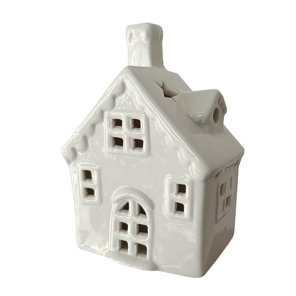 Svietiaci porcelánový domček biely, výška: 13cm, na batérie