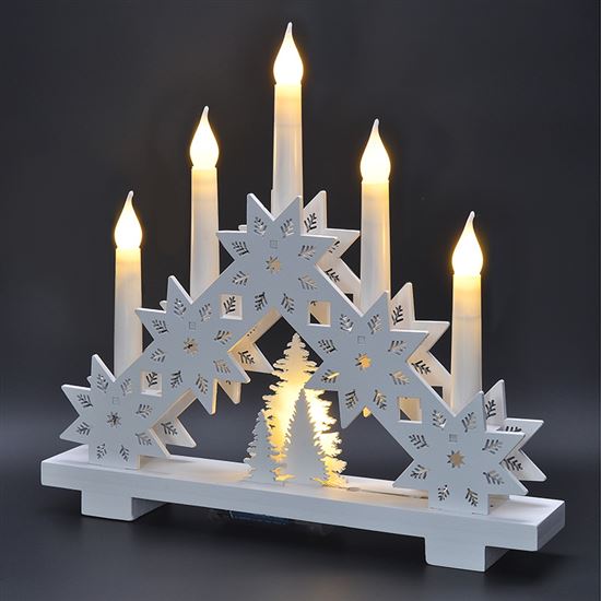 Drevený biely svietnik s hviezdami s časovačom 5LED teplá biela, na batérie