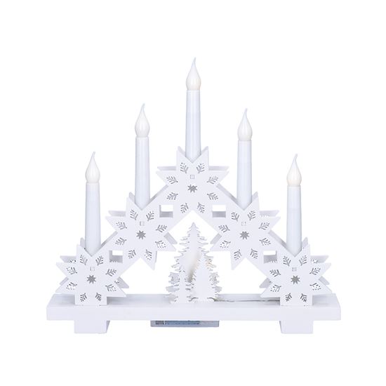 Drevený biely svietnik s hviezdami s časovačom 5LED teplá biela, na batérie