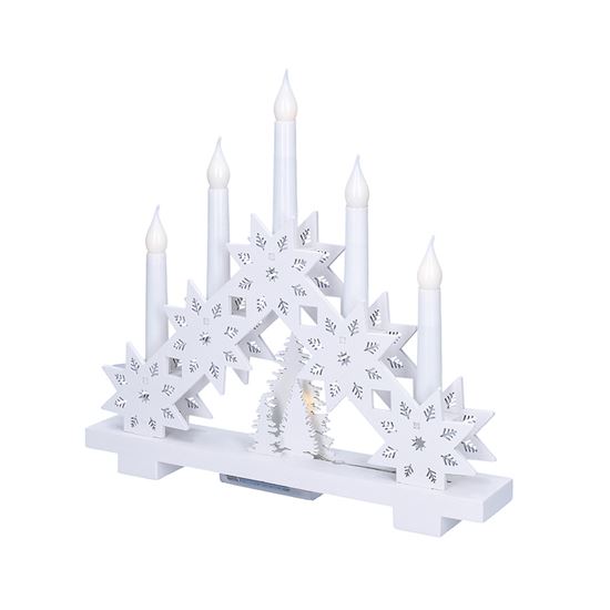 Drevený biely svietnik s hviezdami s časovačom 5LED teplá biela, na batérie