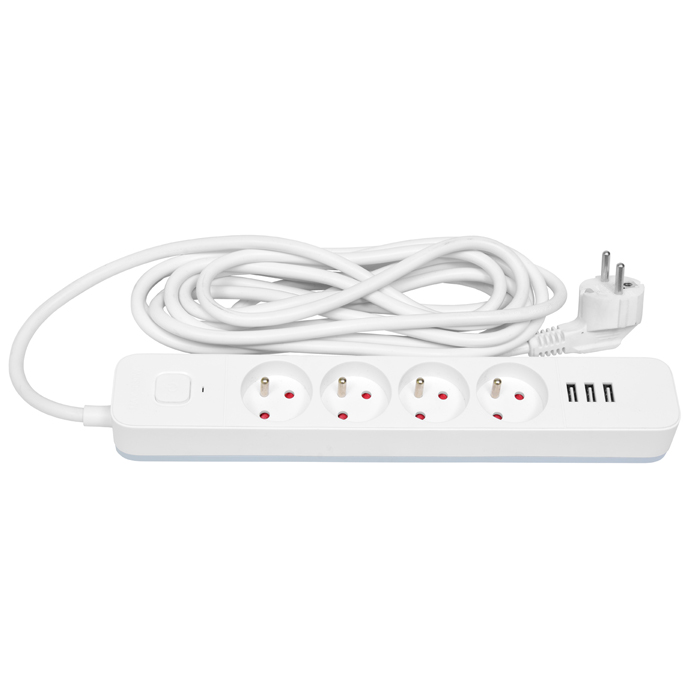 Predlžovací kábel biely 4 zásuvky + 3 USB porty, 16A, dĺžka 1,5m