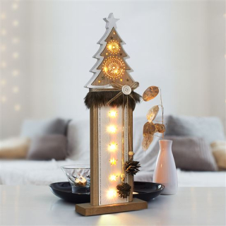 Svietiaca vianočná drevená dekorácia stromček 10LED teplá biela, na batérie 2xAA
