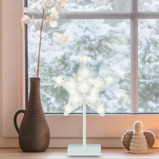 Svietiaca dekorácia na stôl hviezda biela 20 LED teplá biela, na batérie, výška: 39cm