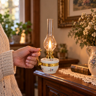 Petrolejová lampa mosadz/porcelán s držiakom výška: 25,5cm