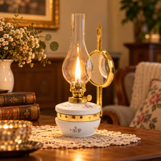 Petrolejová lampa mosadz/porcelán výška: 25cm