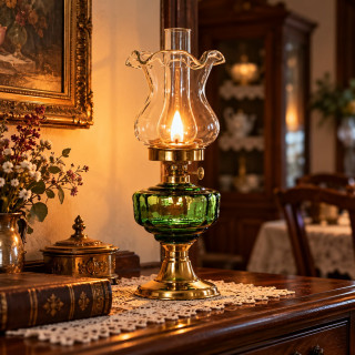 Petrolejová lampa mosadz/zelená výška: 27cm