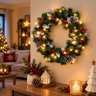 Vianočný zdobený veniec 35LED teplá biela, 8 režimov, časovač, priemer: 45cm, na batérie
