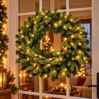 Umelý vianočný veniec priemer 60cm, 50 LED teplá biela, časovač, 8 režimov svietenia, na batérie