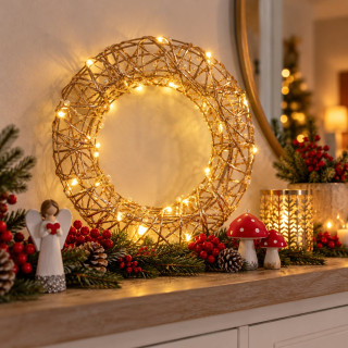 Vianočný veniec zlatý s perlami 20LED teplá biela, priemer: 30cm, na batérie