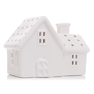 Svietiaci porcelánový domček biely, výška: 9cm, na batérie
