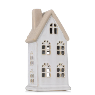 Svietiaci porcelánový domček biely s béžovou strechou, výška: 17cm, na batérie