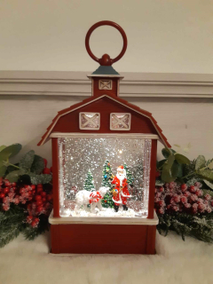 Svietiaci lampáš Mikuláš s medveďom s efektom sneženia a hudbou, 1xLED studená biela