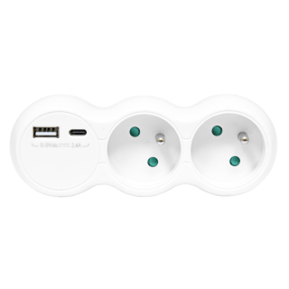 Rozbočovacia 2-zásuvka biela 16A/250V s portami USB-A a USB-C 2,4A/5V