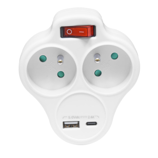 Rozbočovacia 2-zásuvka biela 16A/250V  s vypínačom a portami USB-A a USB-C 2,4A/5V