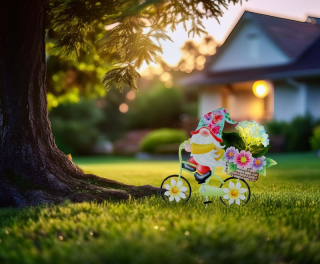 Solárne zapichávacie led svietidlo trpaslík na bicykli s kvetmi 20xLED,0,06W,3V 3000K, výška: 44cm
