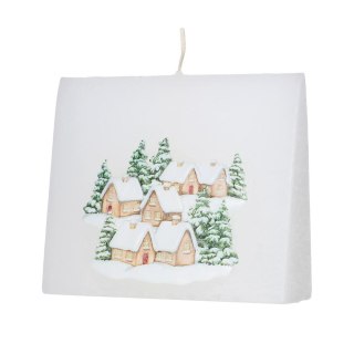 Biela vosková sviečka hranol so zasneženými domčekami, 13x11cm 