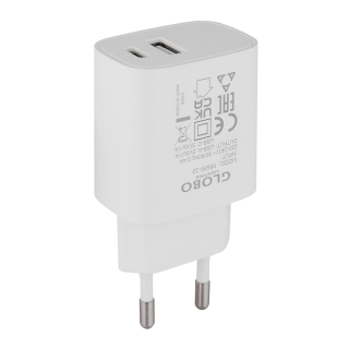 USB sieťový adaptér biely 5V DC/10W/2A s výstupom USB A a USB-C, IP20