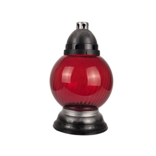 Sklenený náhrobný kahanec bez náplne červený točený/strieborný s ornamentom výška: 31,5cm