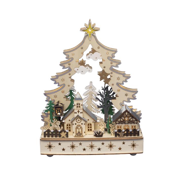 Drevený vyrezávaný svietnik vianočná dedinka 12LED teplá biela, výška: 33cm, na batérie