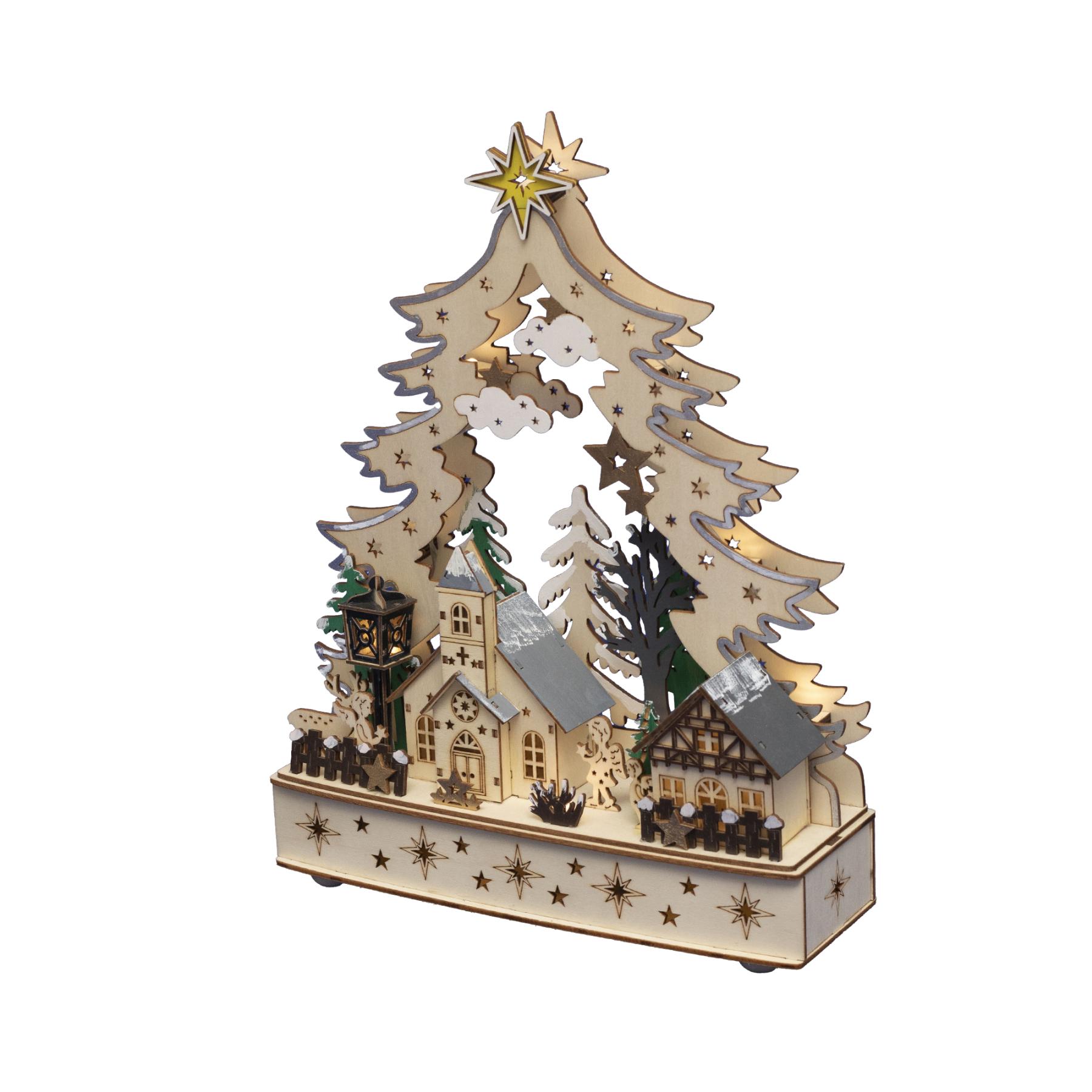 Drevený vyrezávaný svietnik vianočná dedinka 12LED teplá biela, výška: 33cm, na batérie