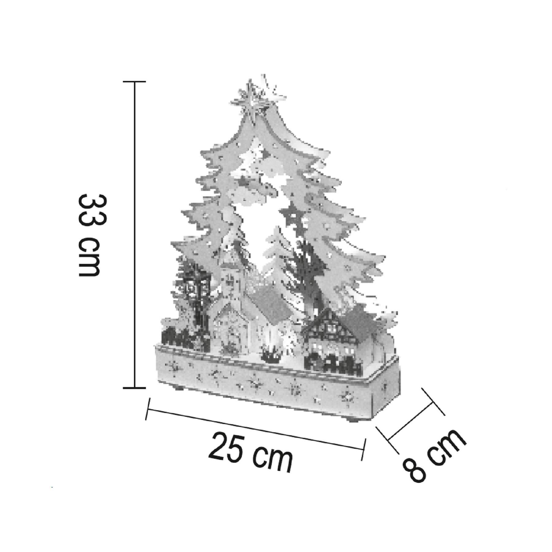 Drevený vyrezávaný svietnik vianočná dedinka 12LED teplá biela, výška: 33cm, na batérie
