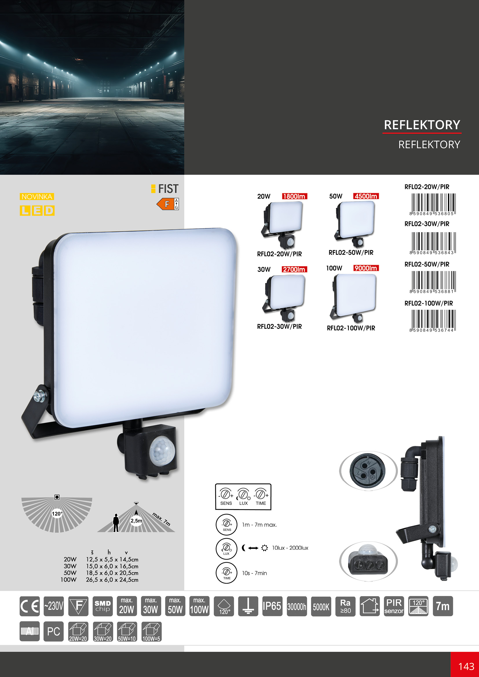 FIST ledkový reflektor čierny s PIR senzorom 20W/5000K/1800lm, IP65