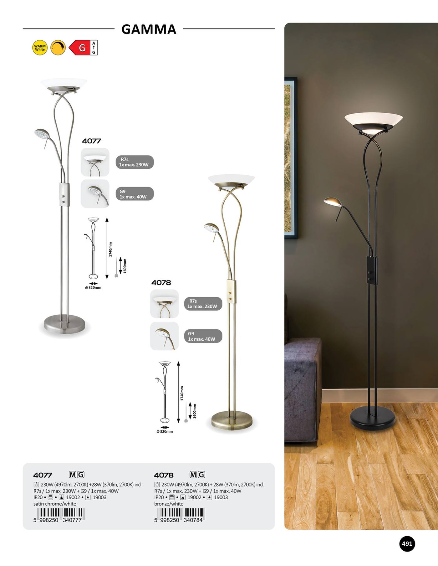 GAMMA stojanová lampa bronzová so stmievačom 1xR7S/230W + 1xG9/40W, výška: 174cm