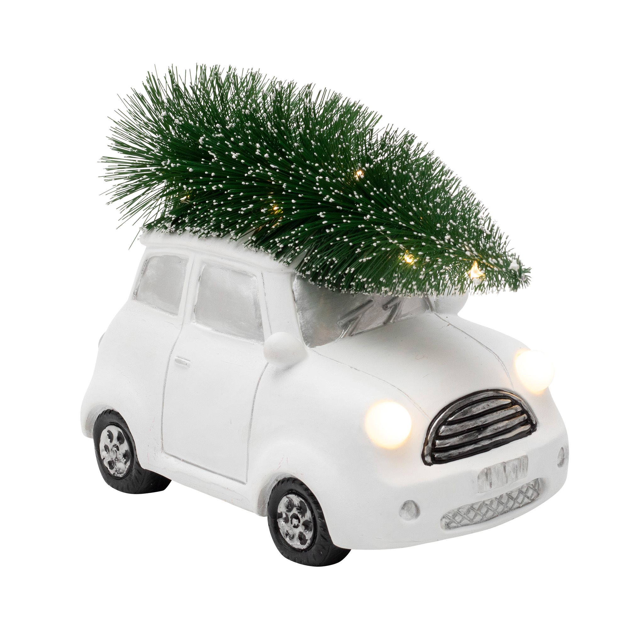 Keramická svietiaca dekorácia biele auto so stromčekom 11xLED teplá biela, na batérie, výška: 15cm
