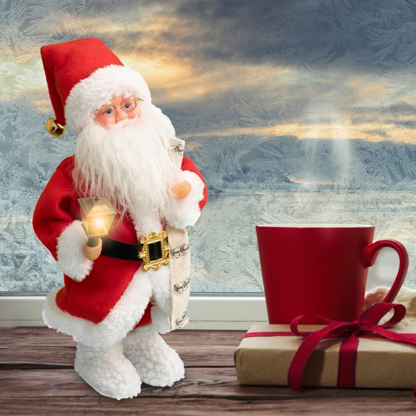 Tancujúci a hrajúci mikuláš s lampášom červeno-biely na batérie, výška: 35cm