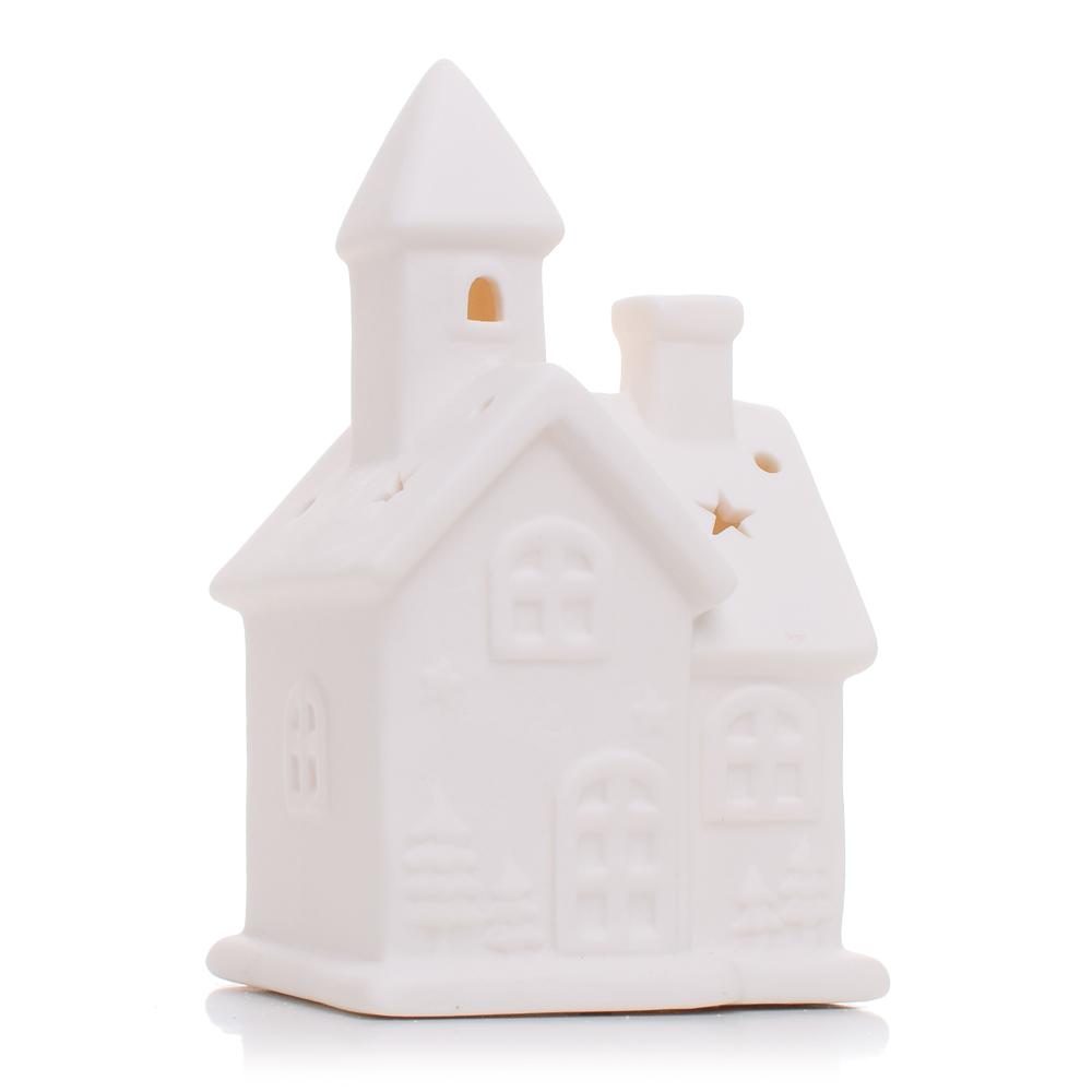 Svietiaci porcelánový kostolík biely, výška: 11,5cm, na batérie