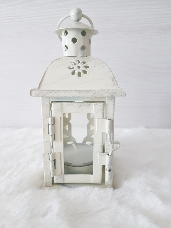 Kovový lampášik na čajovú sviečku bielo-strieborný, 14x6,5x6,5cm 