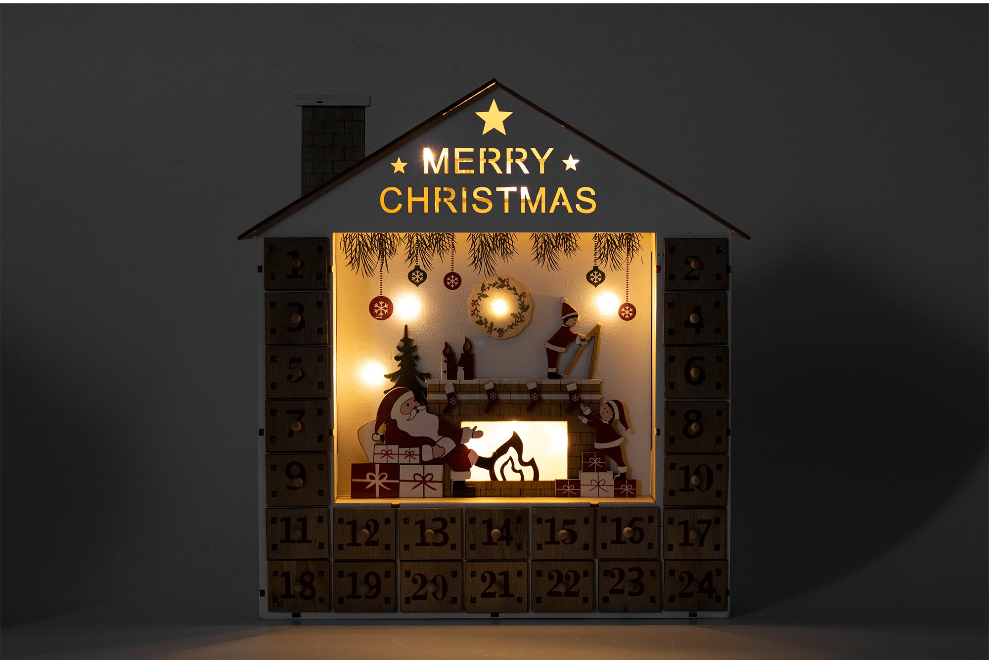 Drevená svietiaca dekorácia ADVENTNÝ KALENDÁR so zásuvkami 10LED teplá biela, na batérie 
