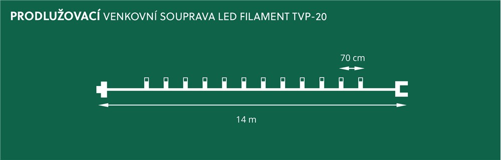 Vonkajšia predlžovacia reťaz ŠIŠKA FILAMENT biela 20xLED/20V/0,2W, 14m čierna kabeláž bez transformátora