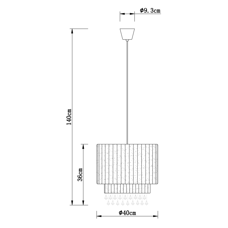 PYRA visiaci luster čierny s plastovými krištálikmi 1xE27/60W, priemer: 40cm