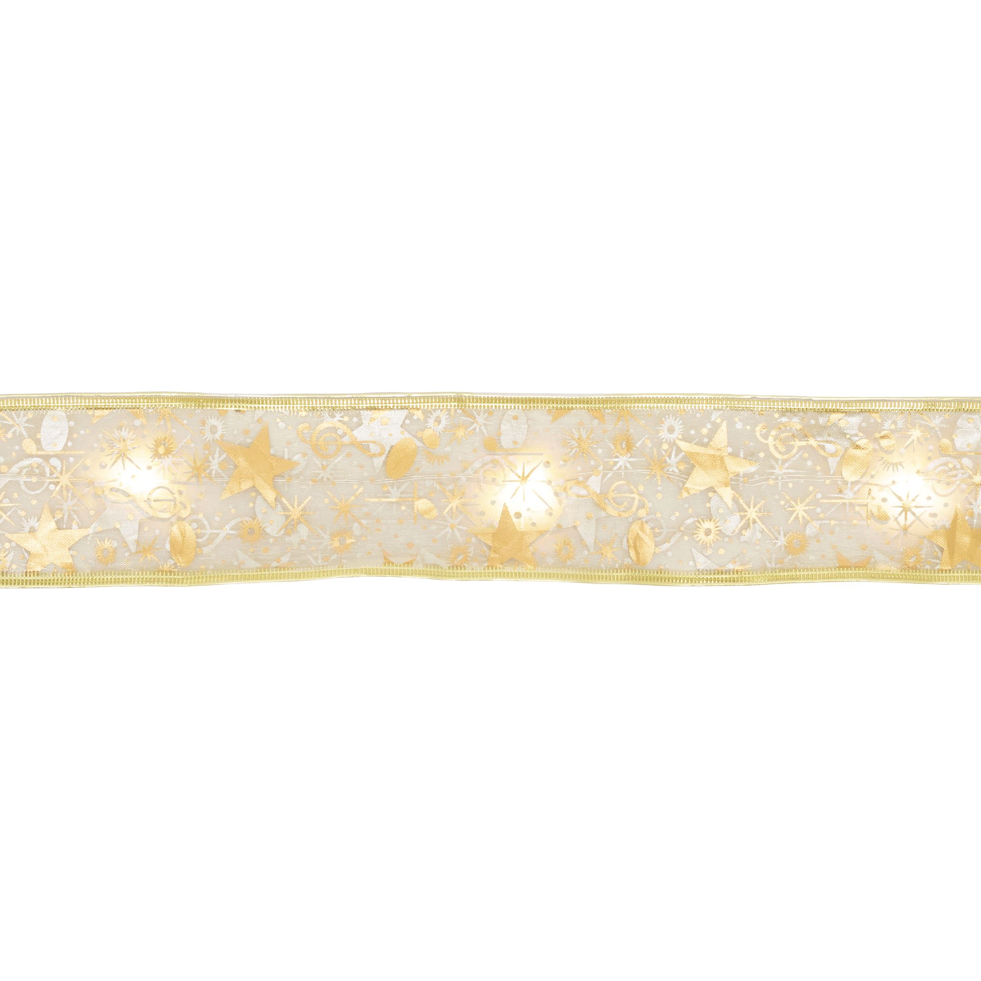 Svietiaca vianočná stuha zlatá 50LED teplá biela, 8 režimov svietenia+časovač, 5m, na batérie