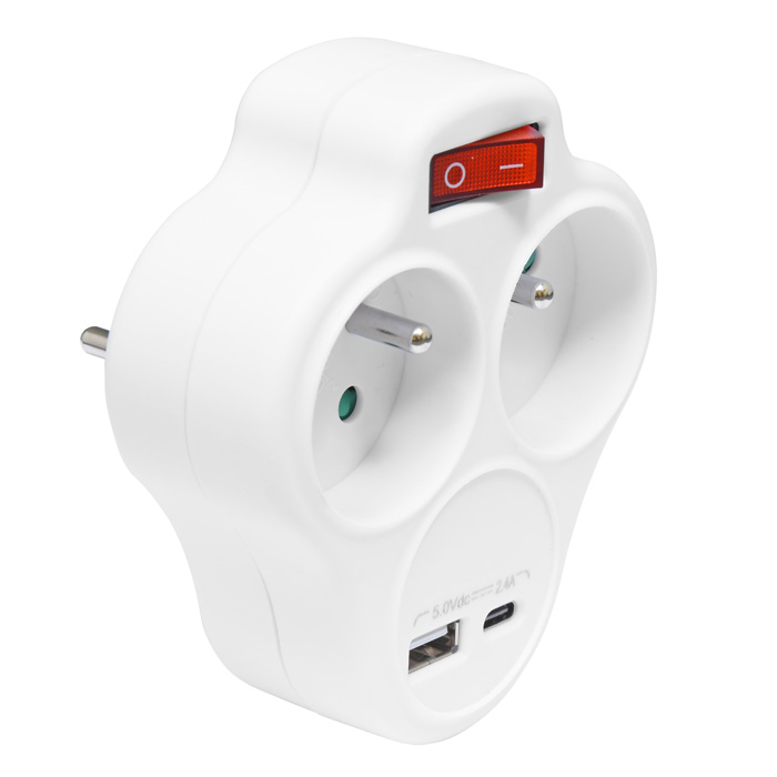 Rozbočovacia 2-zásuvka biela 16A/250V  s vypínačom a portami USB-A a USB-C 2,4A/5V