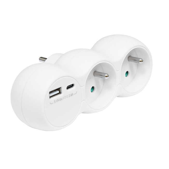 Rozbočovacia 2-zásuvka biela 16A/250V s portami USB-A a USB-C 2,4A/5V